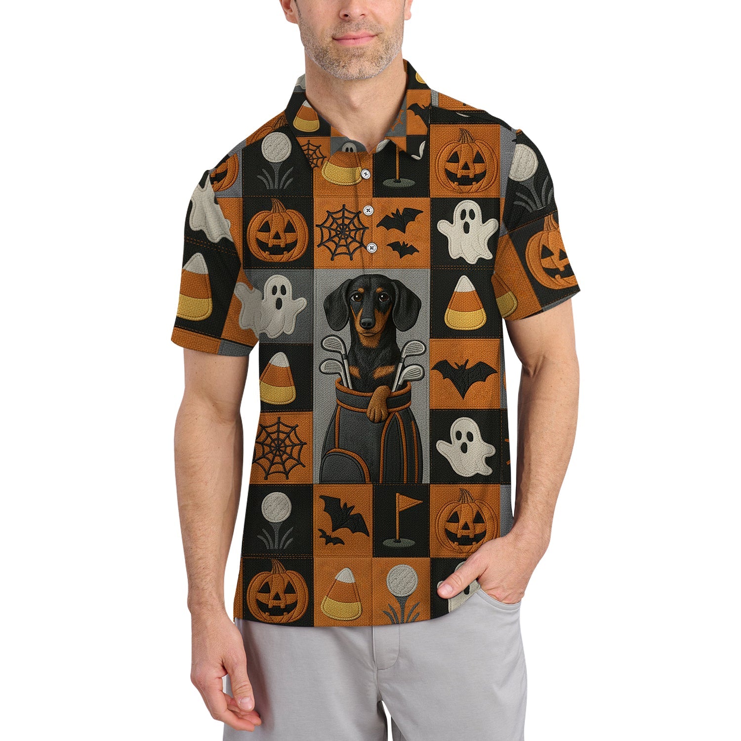Dachshund Golf Shirt For Dog Lover, Halloween Pattern Golf Shirt, Crazy Golf Shirt For Men
