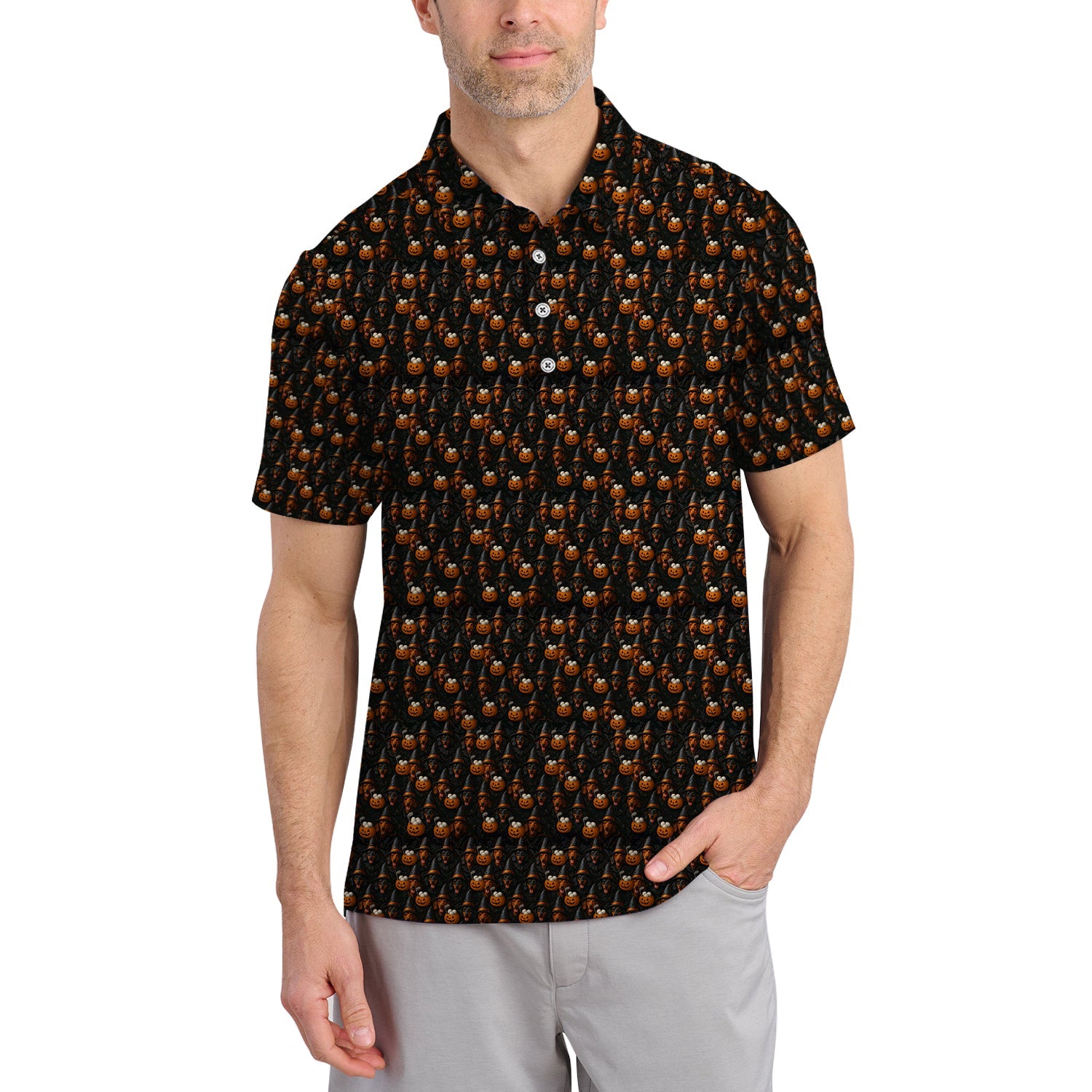 Halloween Dachshund Pattern Golf Shirt, Funny Dog Golf Polos, Spooky Halloween Golf Shirt For Golfer