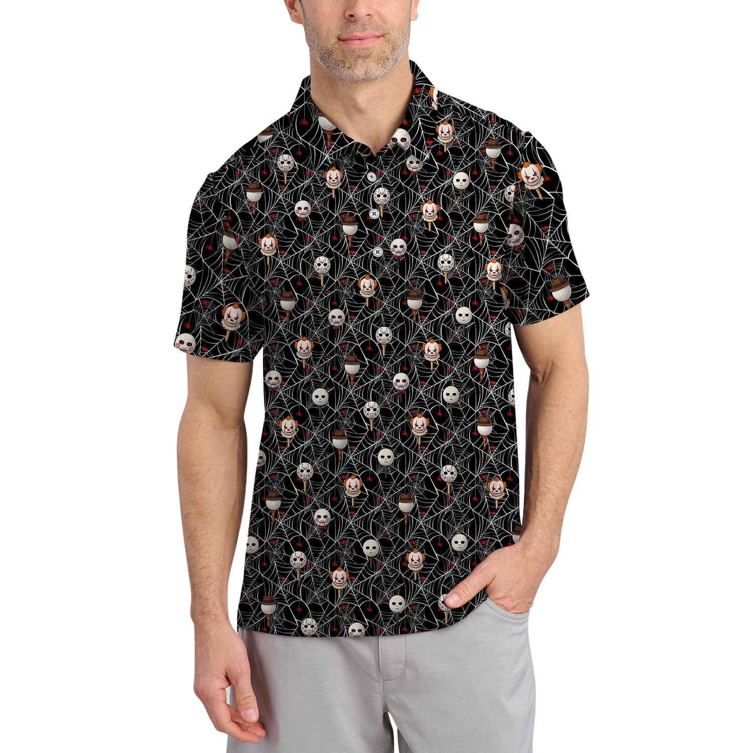Men's Pattern Golf Shirt, Halloween Golf Shirt For Golfer, Horror Movie Shirt