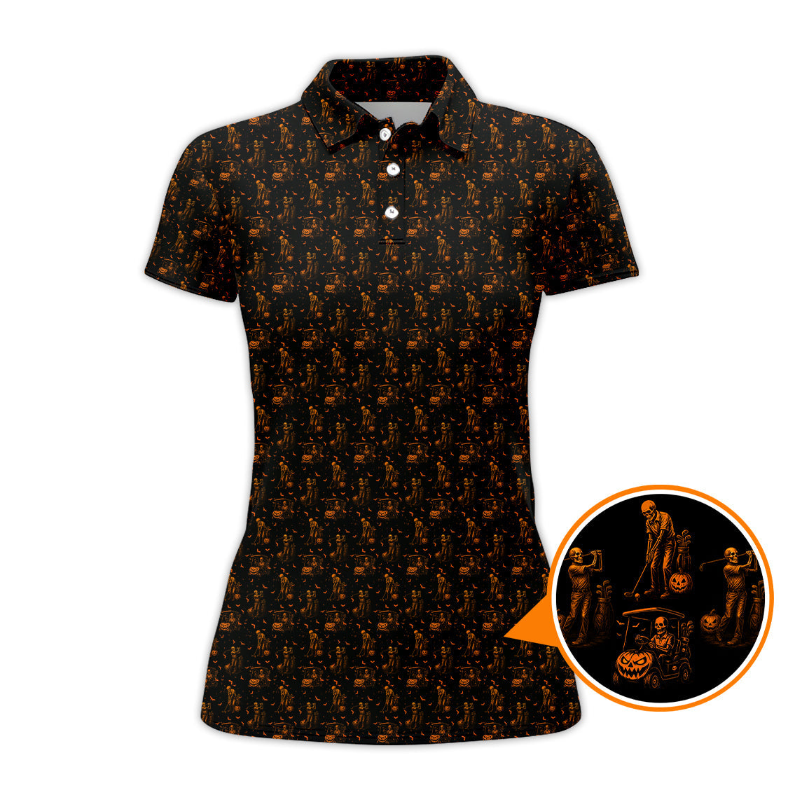 Halloween Skeleton Golf Shirt, Funny Pattern Golf Polos For Men, Spooky Golf Cart & Pumpkin Shirts