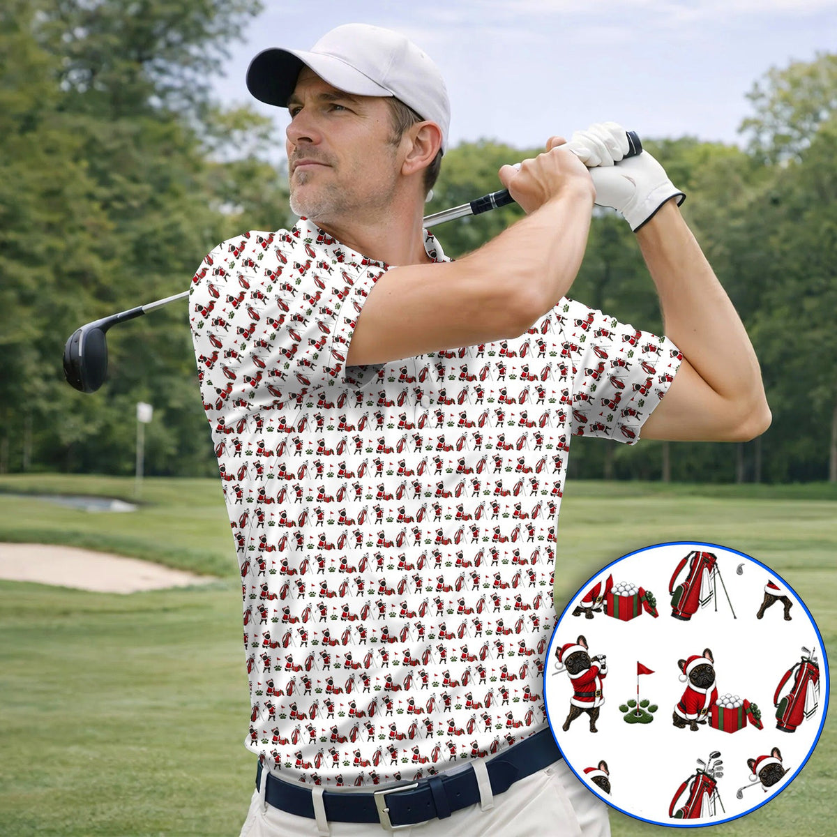 Christmas French BullDog Pattern Golf Polos, Funny Santa French BullDog Holiday Golf Shirt, Xmas Golf Gift For Golfers