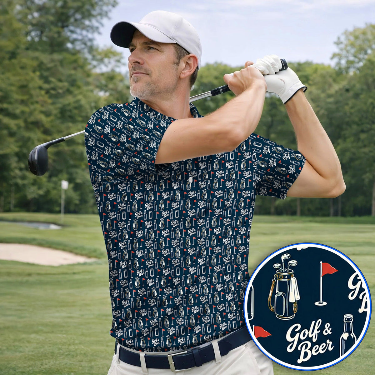 Crazy Golf & Beer Shirt, Golf Bag And Beer Bottle Pattern Golf Polos, Golf Gift for Beer Lovers