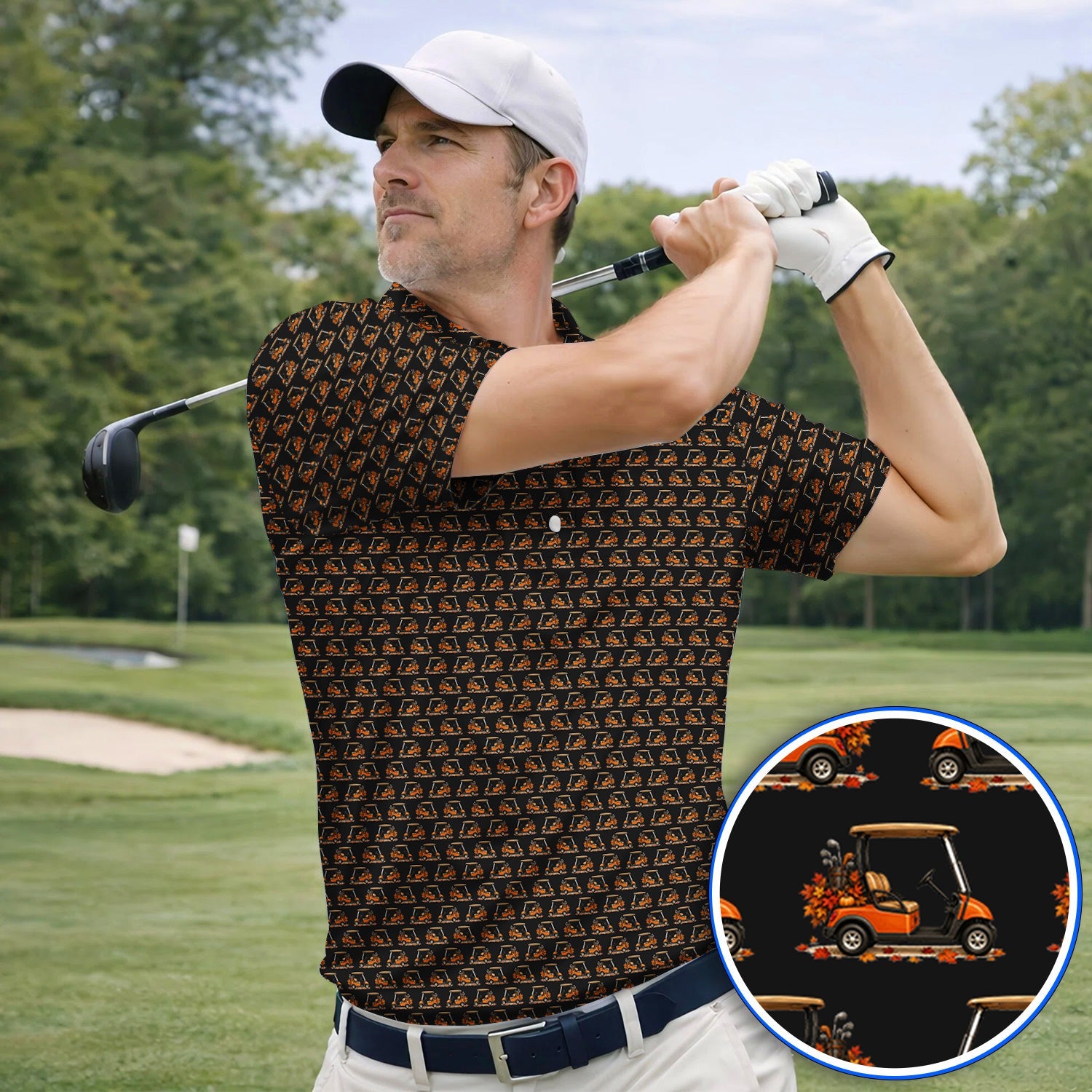 Fall Pattern Golf Shirt, Autumn Golf Cart Polos, Funny Golf Gift For Golfer