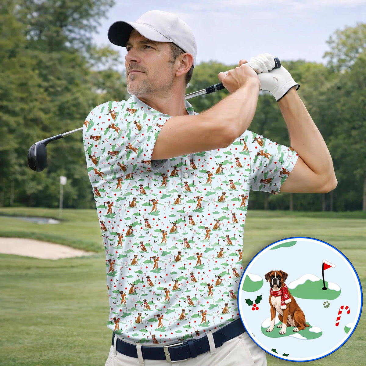 Funny Boxer Christmas Golf Shirt, Xmas Boxer Dog Pattern Golf Polos, Golf Gift For Golfer