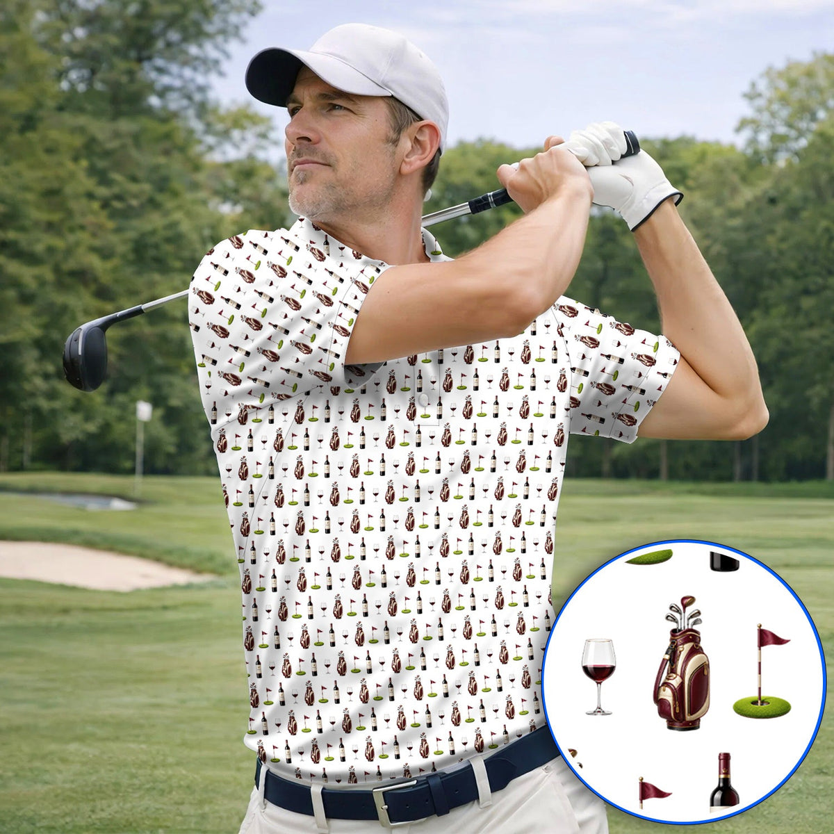 Wine & Golf Polos, Vintage Red Wine Pattern Golf Shirt , Crazy Golf Gift For Golfers