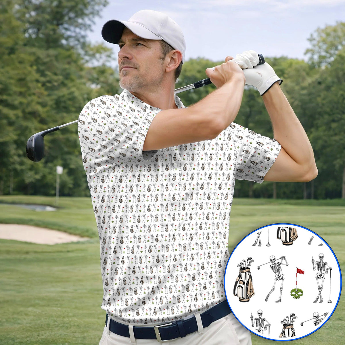 Skeleton Pattern Golf Polos, Funny Skeleton Golf Shirt, Golf Gift For Golfer