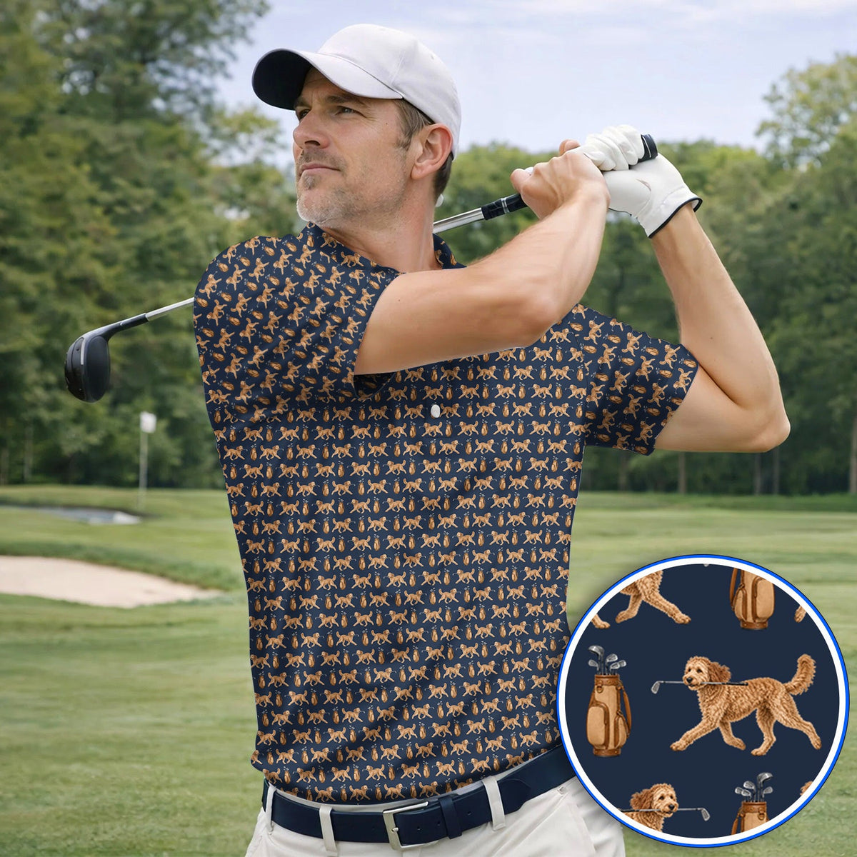 Goldendoodle Golf Shirt, Doodle Dog Pattern Golf Polos, Funny Golf Gift For Dog Lovers
