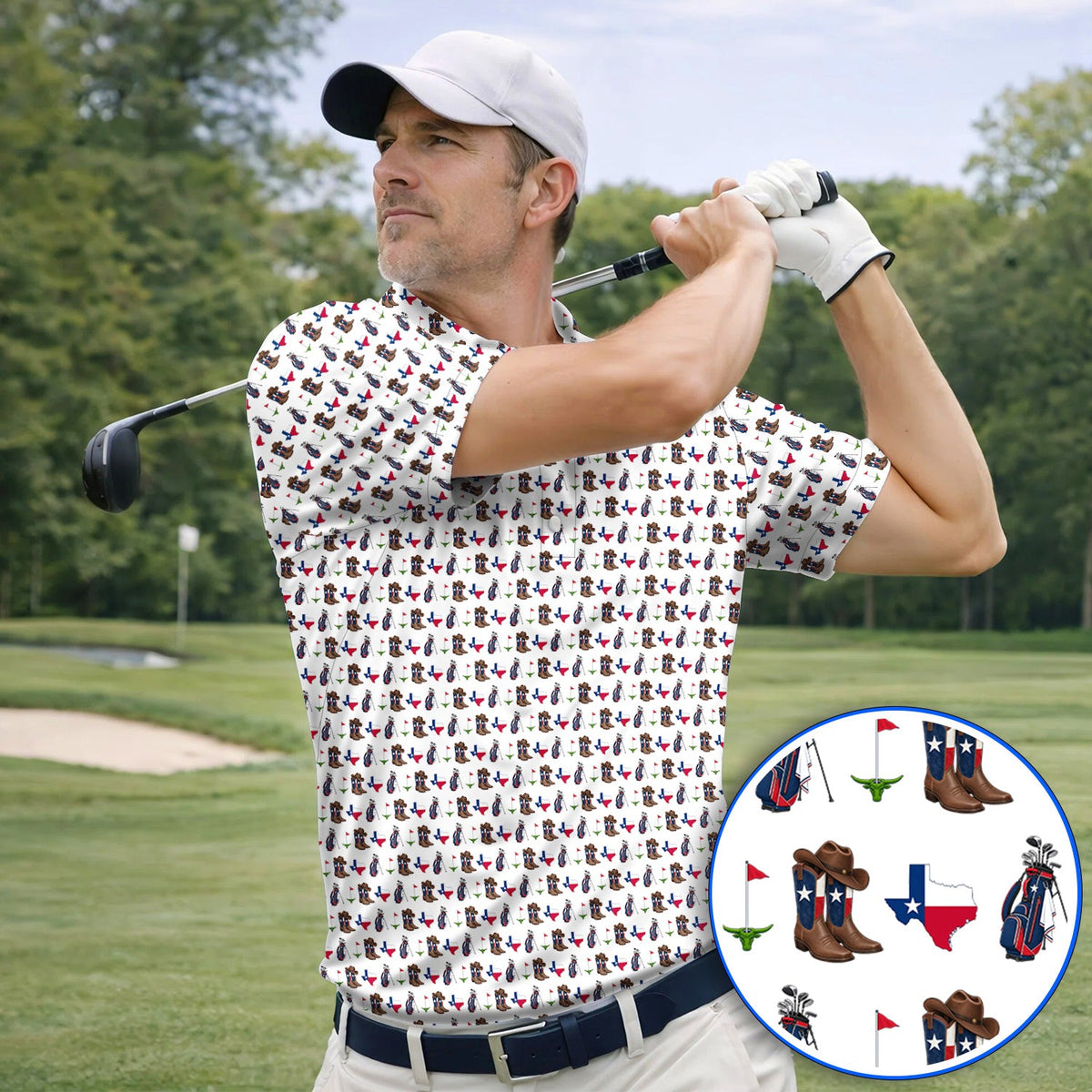 Texas Cowboy Golf Shirt, Western Texas Golf Pattern Polos, Crazy Golf Gift For Golfer