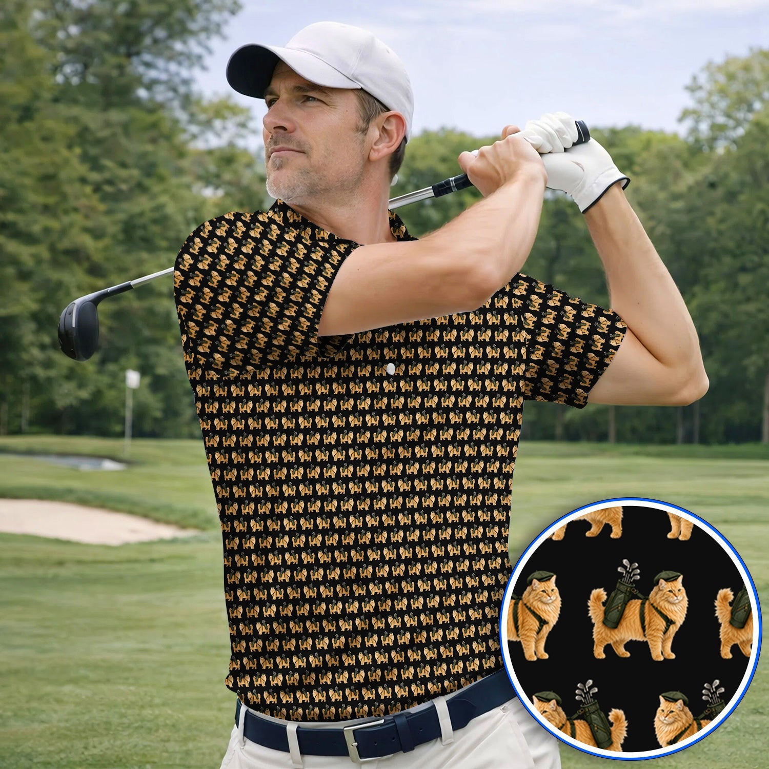 Ginger Long Hair Cat Golf Polos, Cute Orange Cat Pattern Golf Shirt for Cat Lovers, Golf Gift for Long Haired Cat Owners