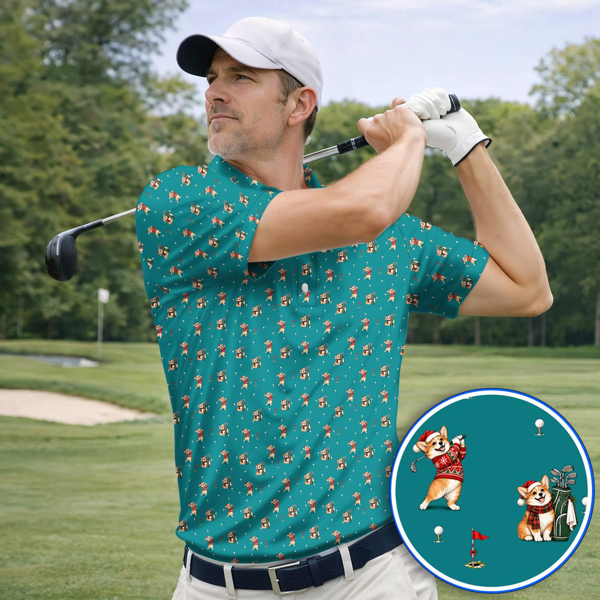 Crazy Corgi Christmas Golf Polos, Xmas Corgi Pattern Golf Shirt, Golf Gift For Golfers