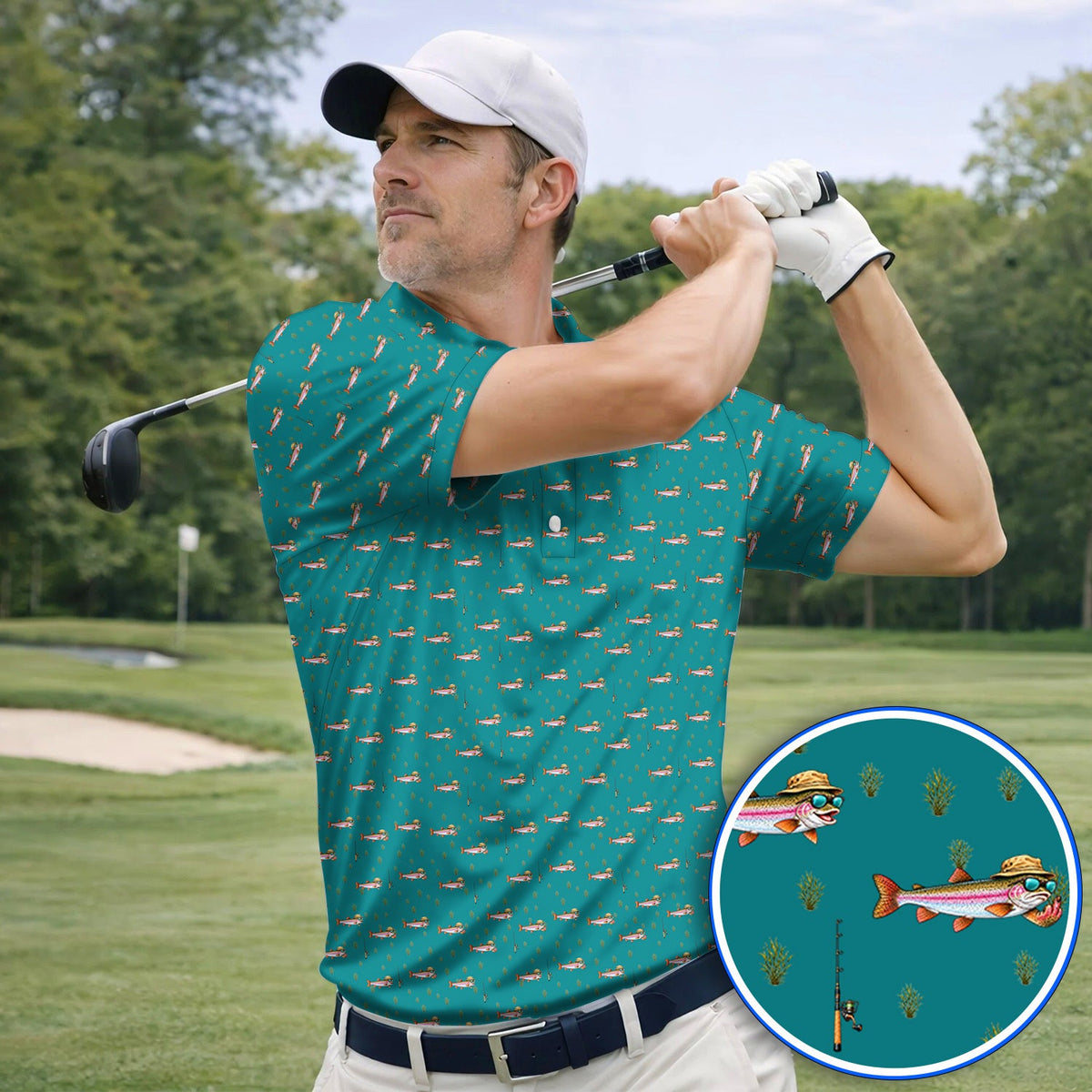 Rainbow Trout Fishing Golf Shirt, Funny Trout Fisherman Pattern Golf Shirt, Golf Gift For Fishing Lovers