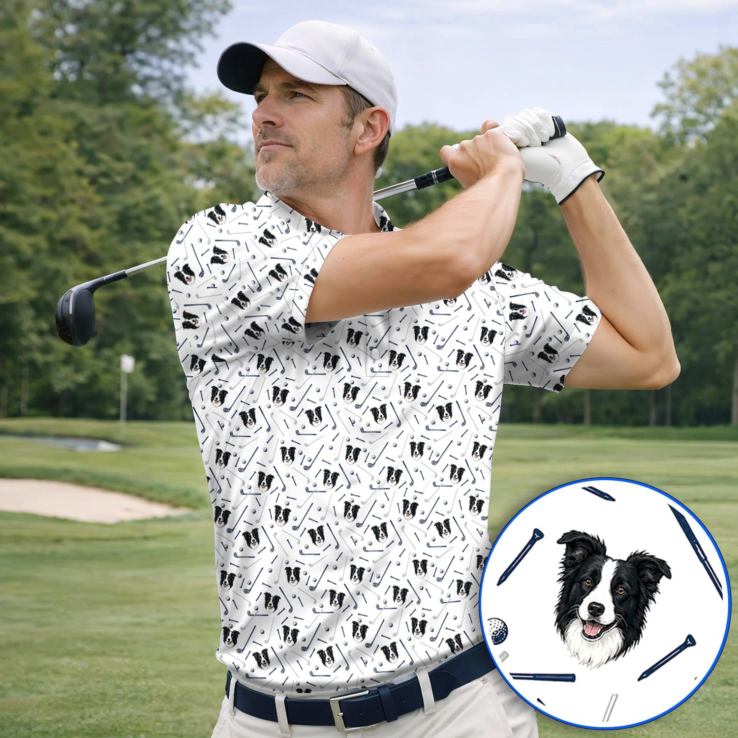 Funny Border Collie Golf Polos, Border Collie Pattern Golf Shirt for Dog Lovers, Golf Gift for Golfer