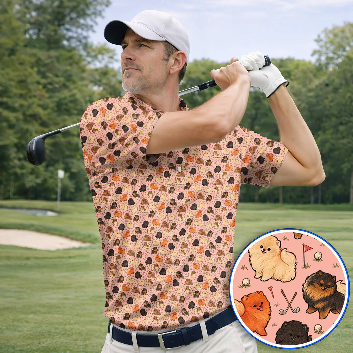Funny Pomeranian Golf Polos, Pom Dog & Golf Pattern Shirt, Golf Gift For Golfer