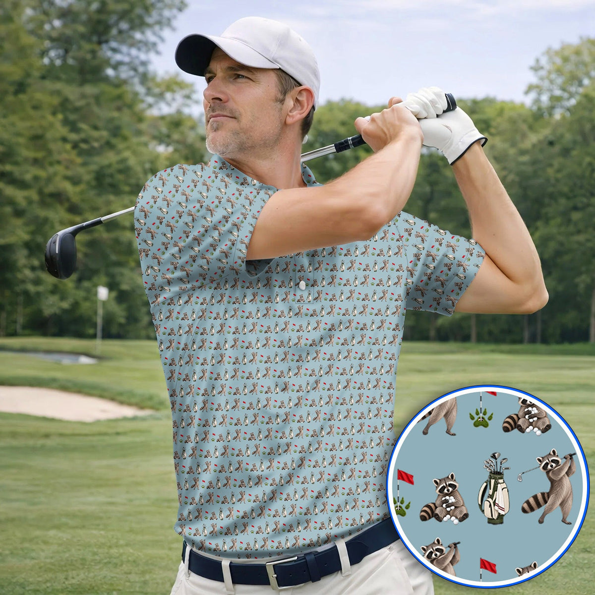 Raccoon Golf Pattern Polos, Funny Raccoon Golf Shirt, Woodland Golf Gift For Golfers