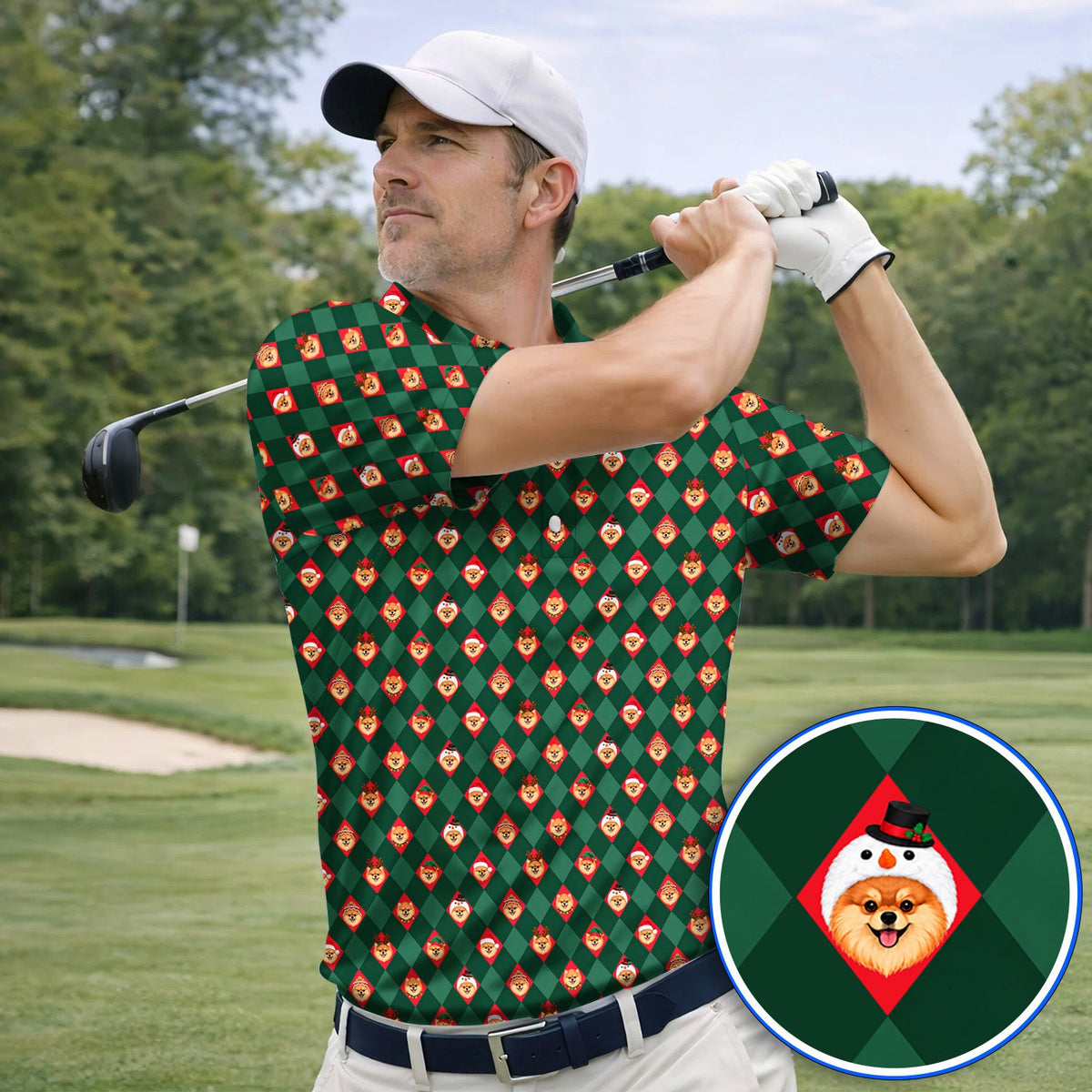 Christmas Pomeranian Golf Polos, Green Argyle & Santa Dog Pattern Golf Shirt, Xmas Golf Gift For Golfer