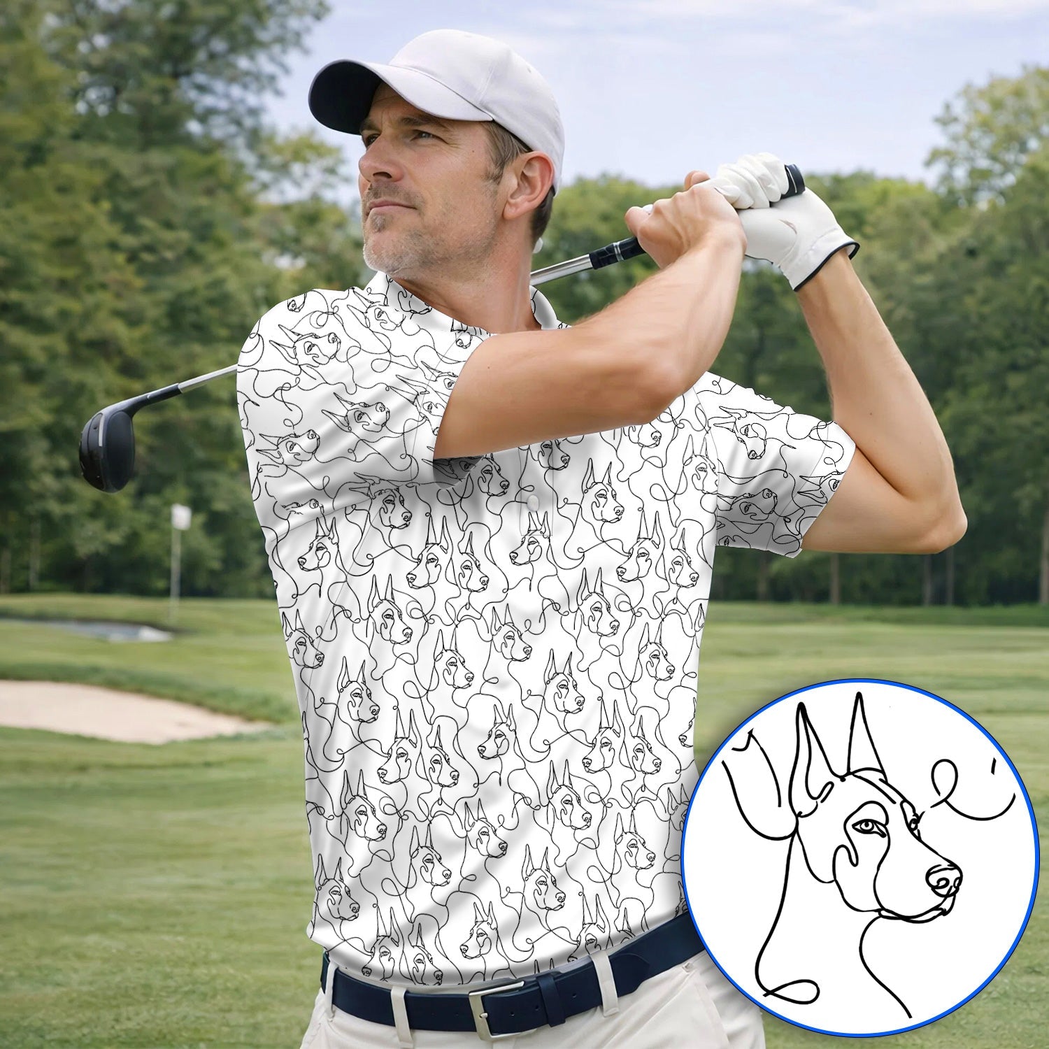 Doberman Line Art Golf Polos, Minimalist Doberman Pattern Golf Shirt, Dog Lover Golf Gift