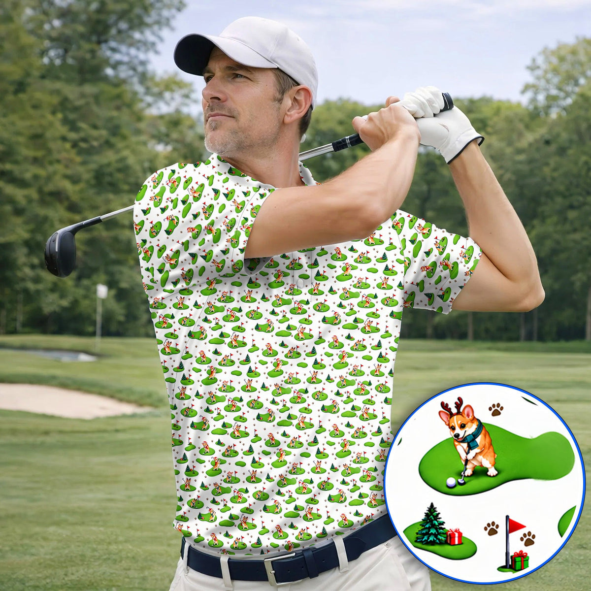 Corgi Christmas Golf Polos, Xmas Corgi Pattern Golf Shirt, Crazy Golf Gift For Golfers