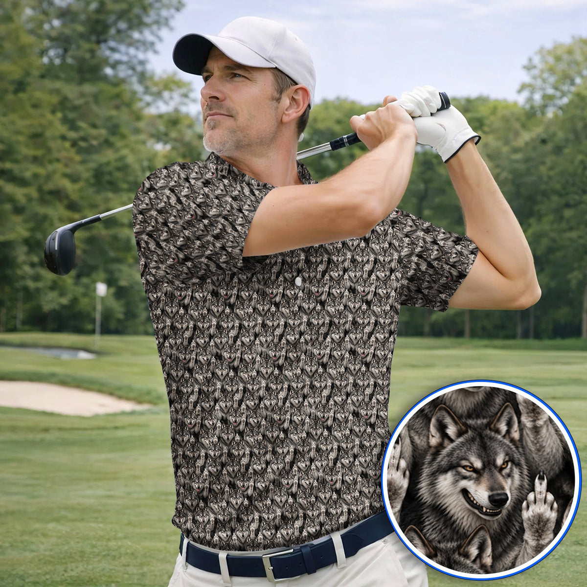 Crazy Wolf Golf Polos, Wolf Golf Pattern Shirt, Golf Gift for Golfers