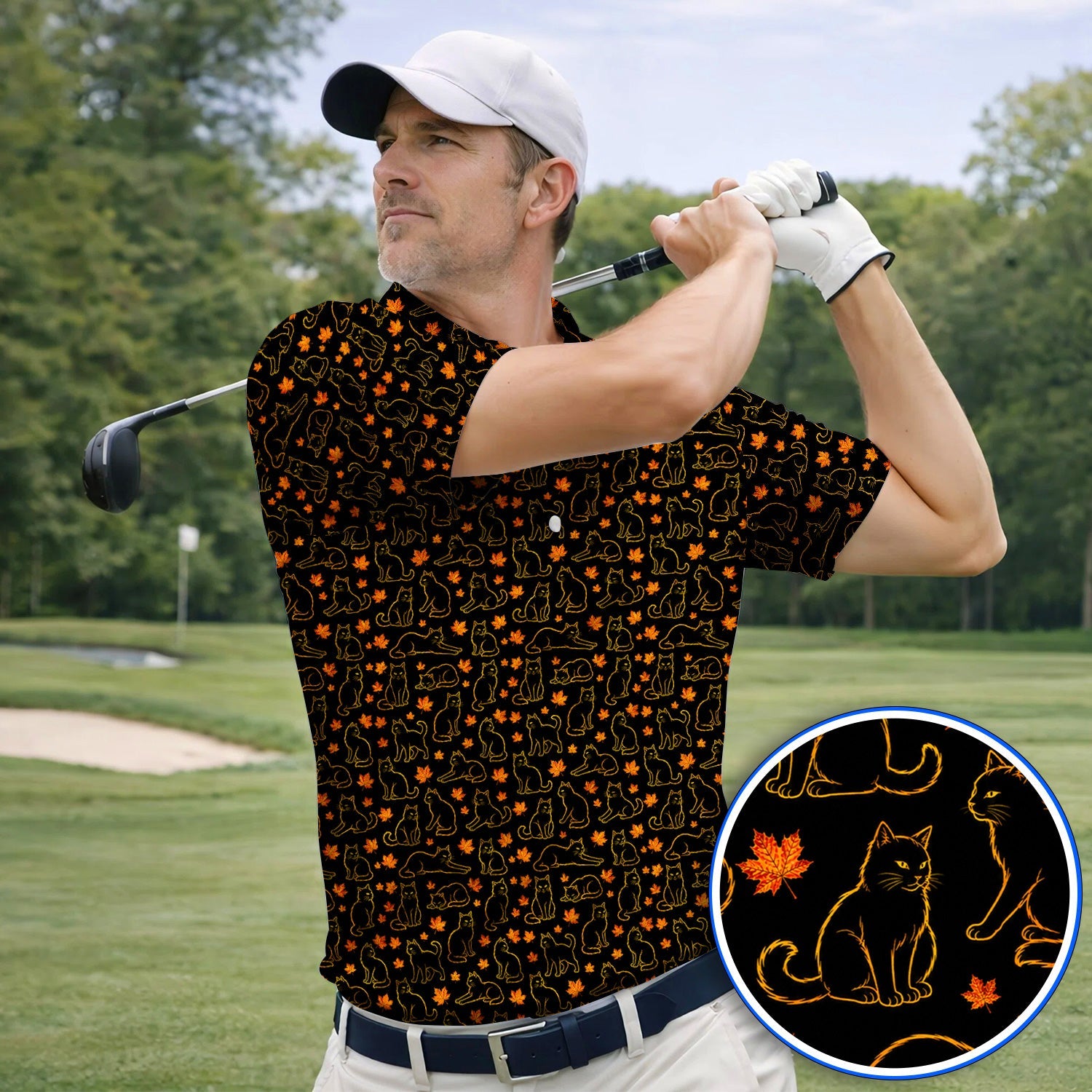 Autumn Black Longhair Cat Golf Polos, Black Longhair Cat Pattern Golf Shirt, Cat Lovers Golf Gift
