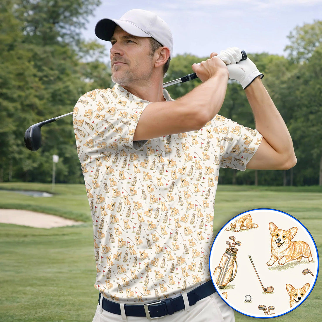Funny Corgi Golf Shirt For Golfer, Corgi Pattern Golf Polos, Dog Lover Golf Gift