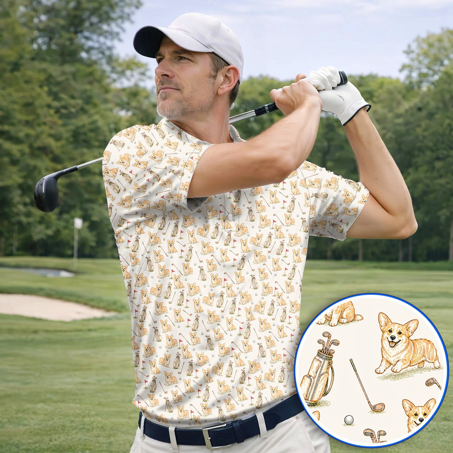 Funny Corgi Golf Shirt For Golfer, Corgi Pattern Golf Polos, Dog Lover Golf Gift