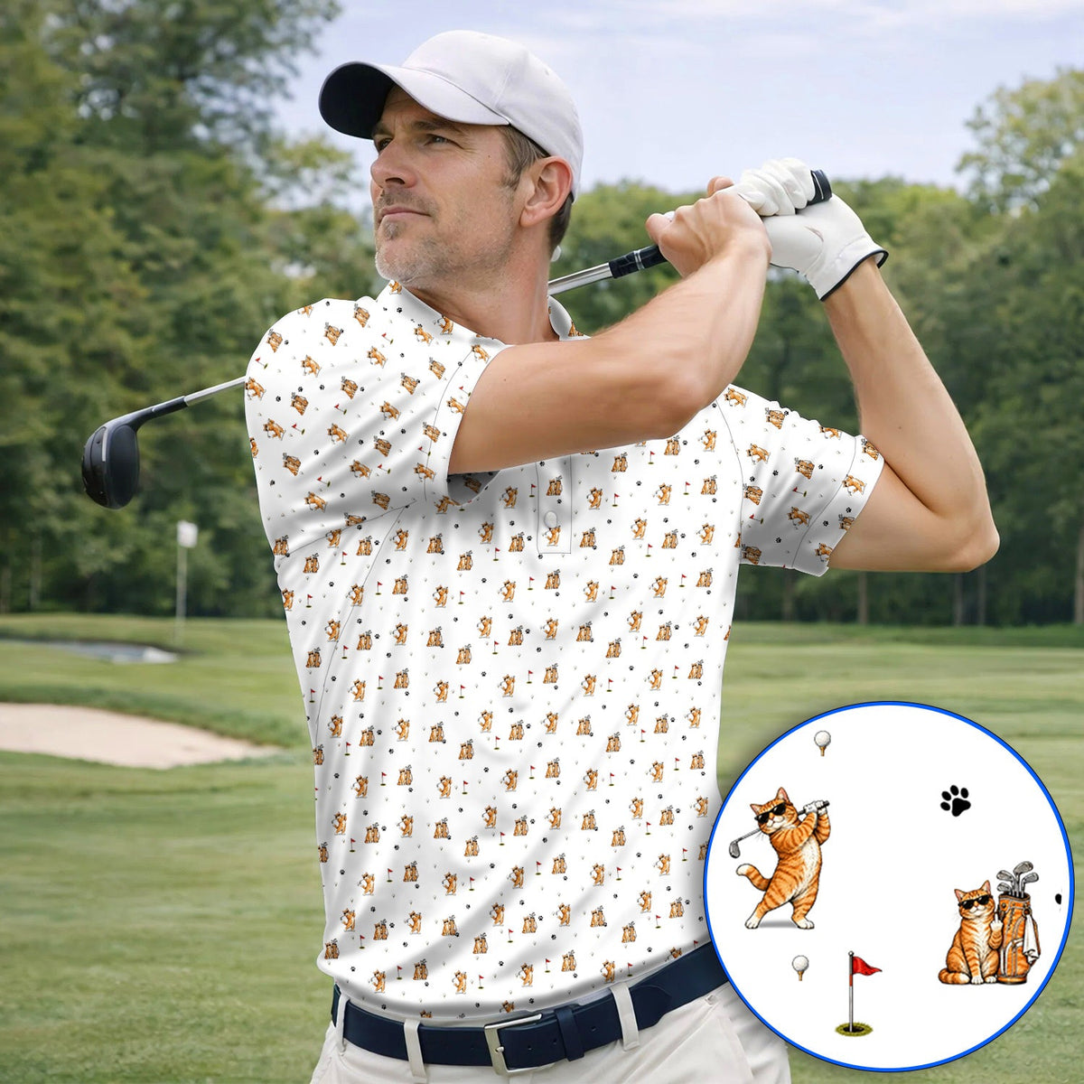 Funny Golf Cat Shirt, Orange Tabby Cat Playing Golf Pattern Polos, Golf Gift For Golfers