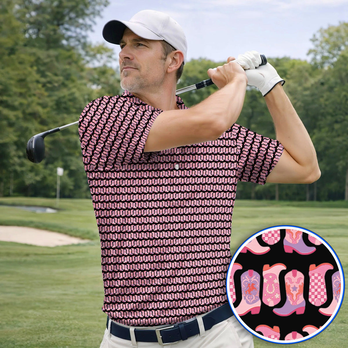 Pink Cowgirl Golf Polos, Western Cowboy Boots Pattern Golf Shirt, Crazy Golf Gift For Golfers
