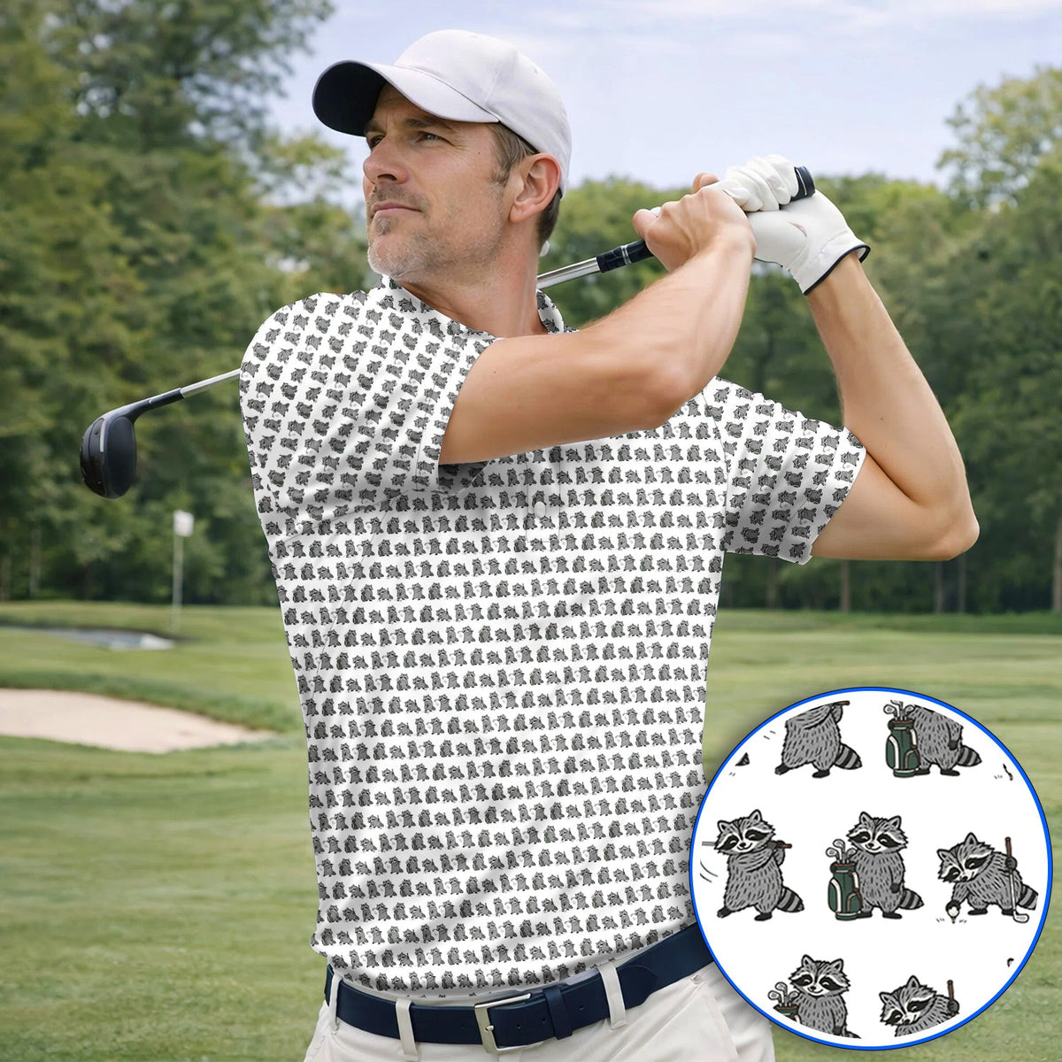 Funny Raccoon Golf Shirt, Cute Raccoon Golf Pattern Polos, Golf Gift for Golf Lovers