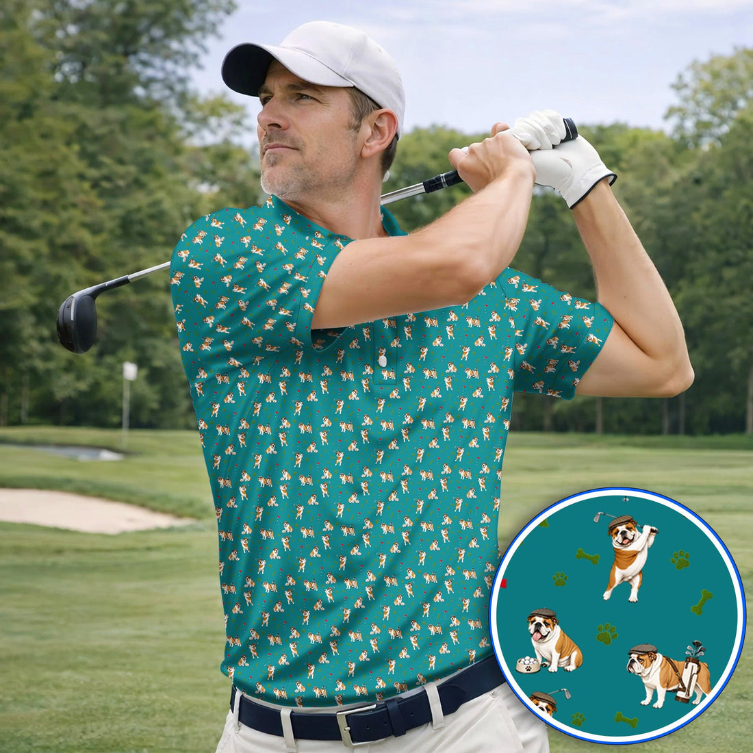 Funny Bulldog Golf Pattern Polos, English Bulldog Golf Shirt, Golf Gift For Golfer