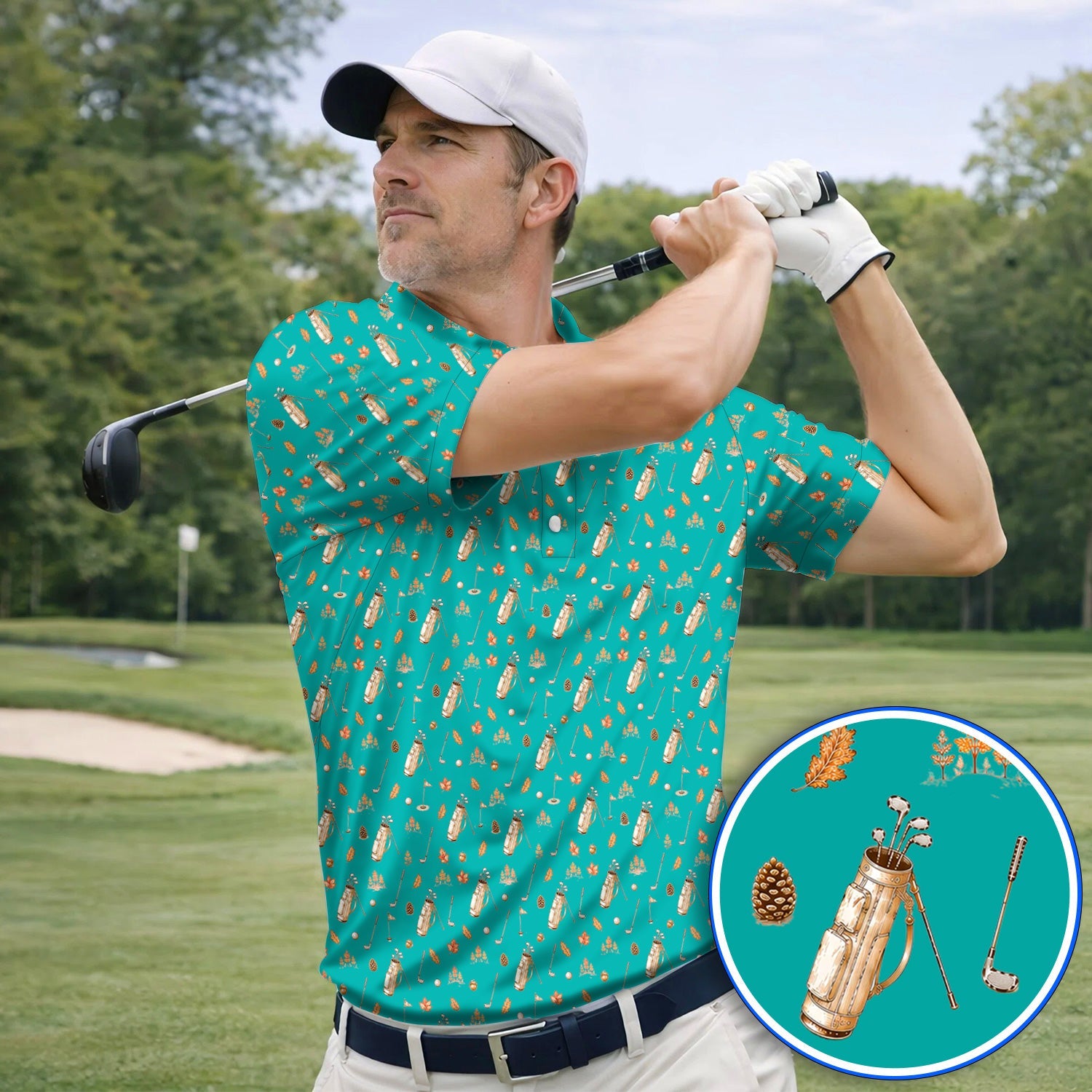 Vintage Squirrel Golf Polos, Autumn Golf Fall Pattern Shirt, Golf Gift For Golfer