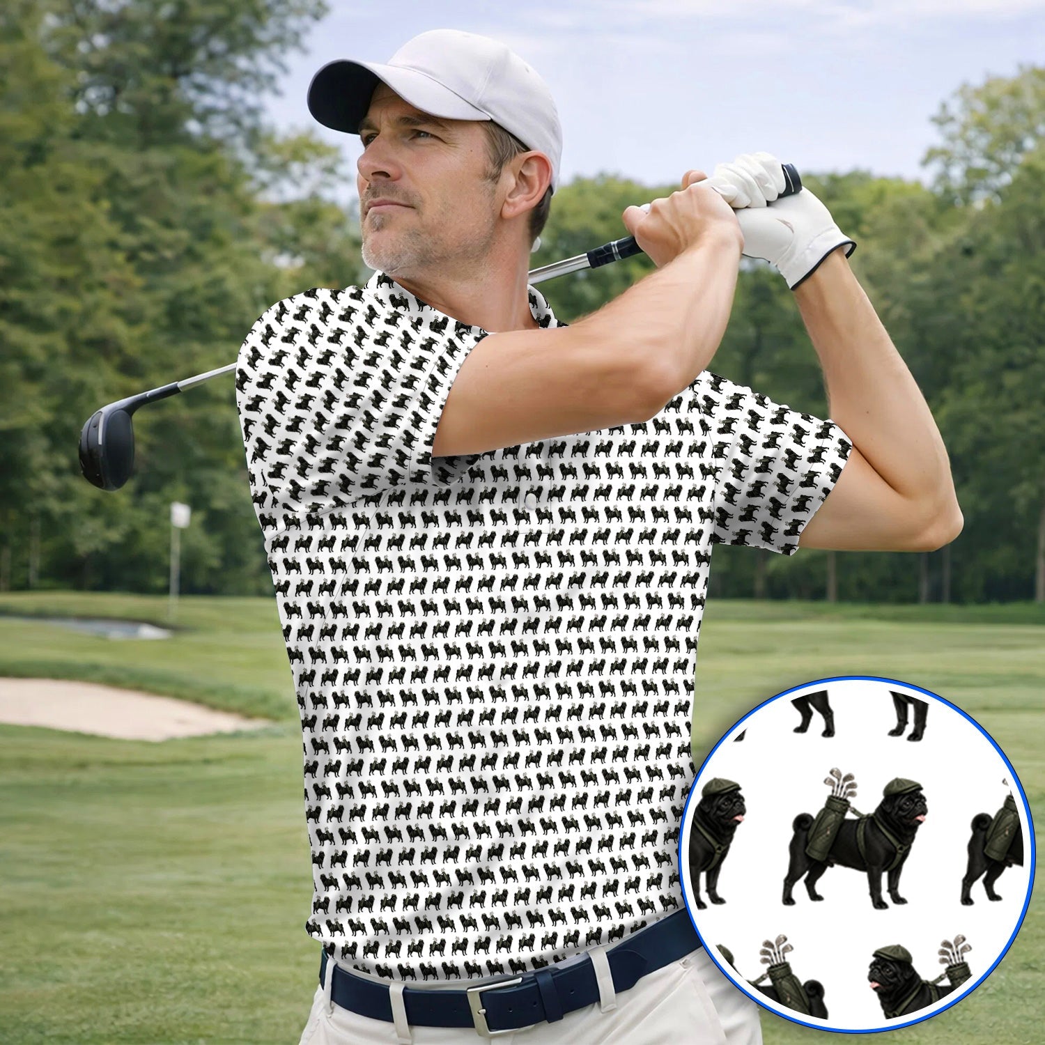 Black Pug Pattern Golf Polos, Funny Pug Golf Shirt, Golf Gift For Golfer