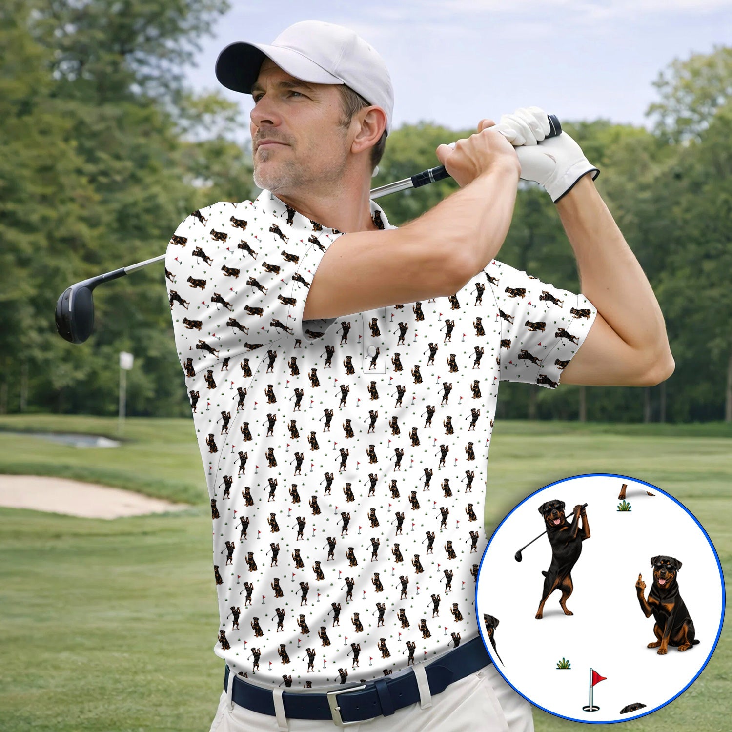 Rottweiler Golf Pattern Polos, Funny Rottweiler Playing Golf Shirt, Dog Lover Gift For Golfer