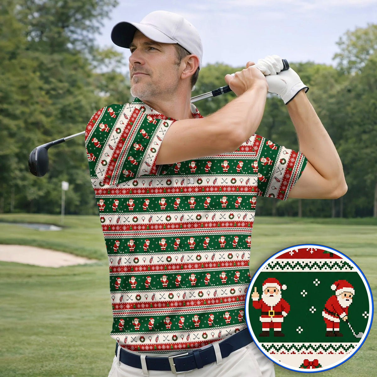 Funny Christmas Santa Golf Polos, Ugly Christmas Golf Pattern Shirt, Xmas Gift For Golfer