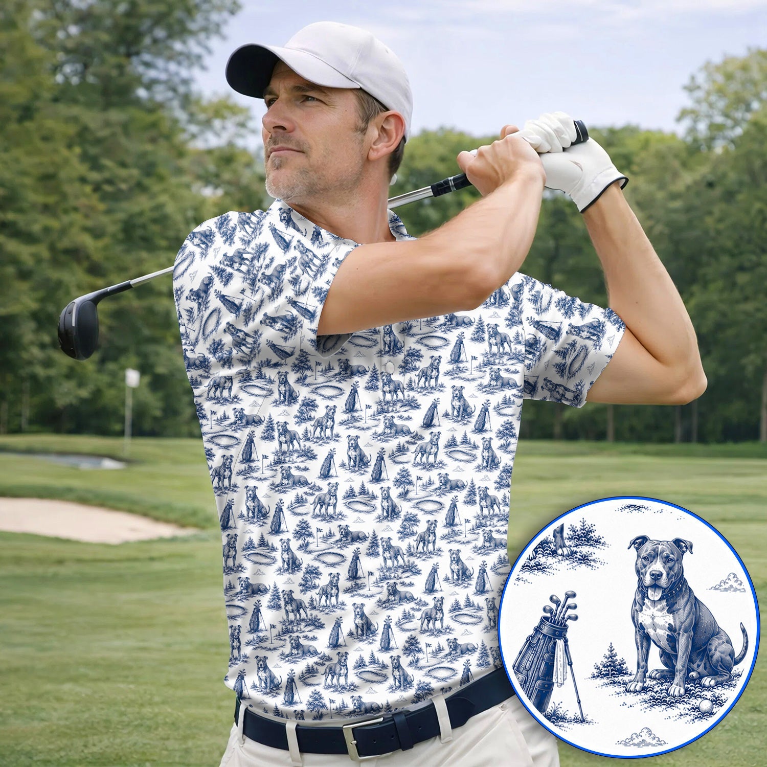 Crazy Pit Bull Golf Polos For Golfer, Toile de Jouy Pit Bull Pattern Golf Shirt, Dog Lover Golf Gift