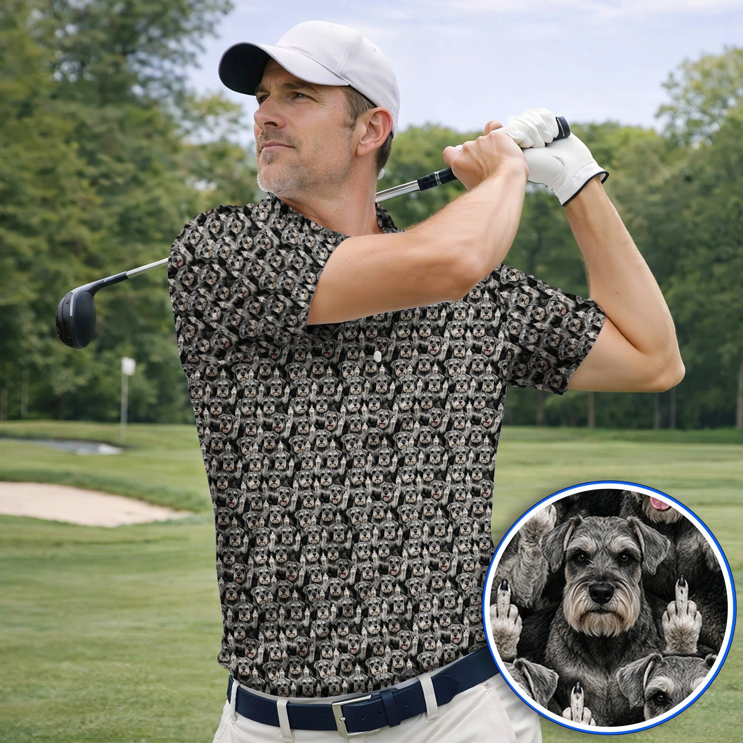 Miniature Schnauzer Middle Finger Golf Polos, Funny Mini Schnauzer Pattern Golf Shirt, Golf Gift For Golfer