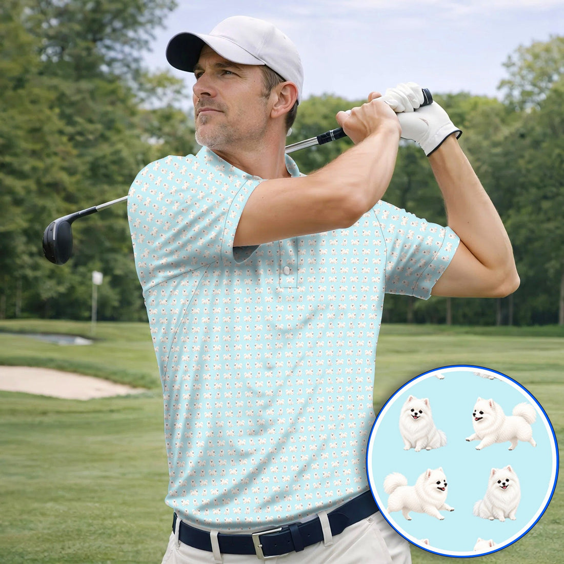 White Pomeranian Pattern Golf Polos, Cute Pomeranian Dog Golf Shirt, Crazy Golf Gift For Golfer