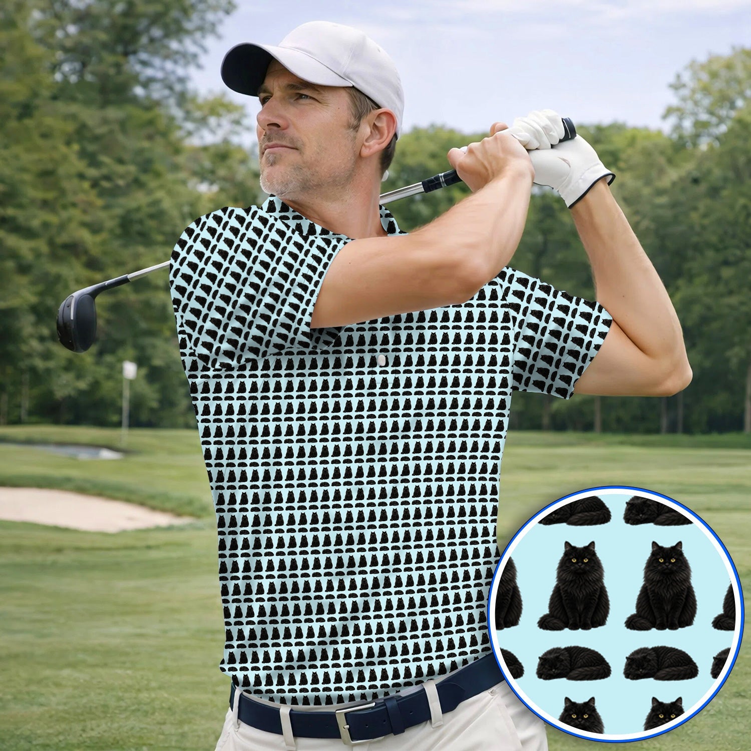 Black Persian Cat Golf Polos, Cute Black Persian Pattern Golf Shirt, Golf Gift for Cat Lovers