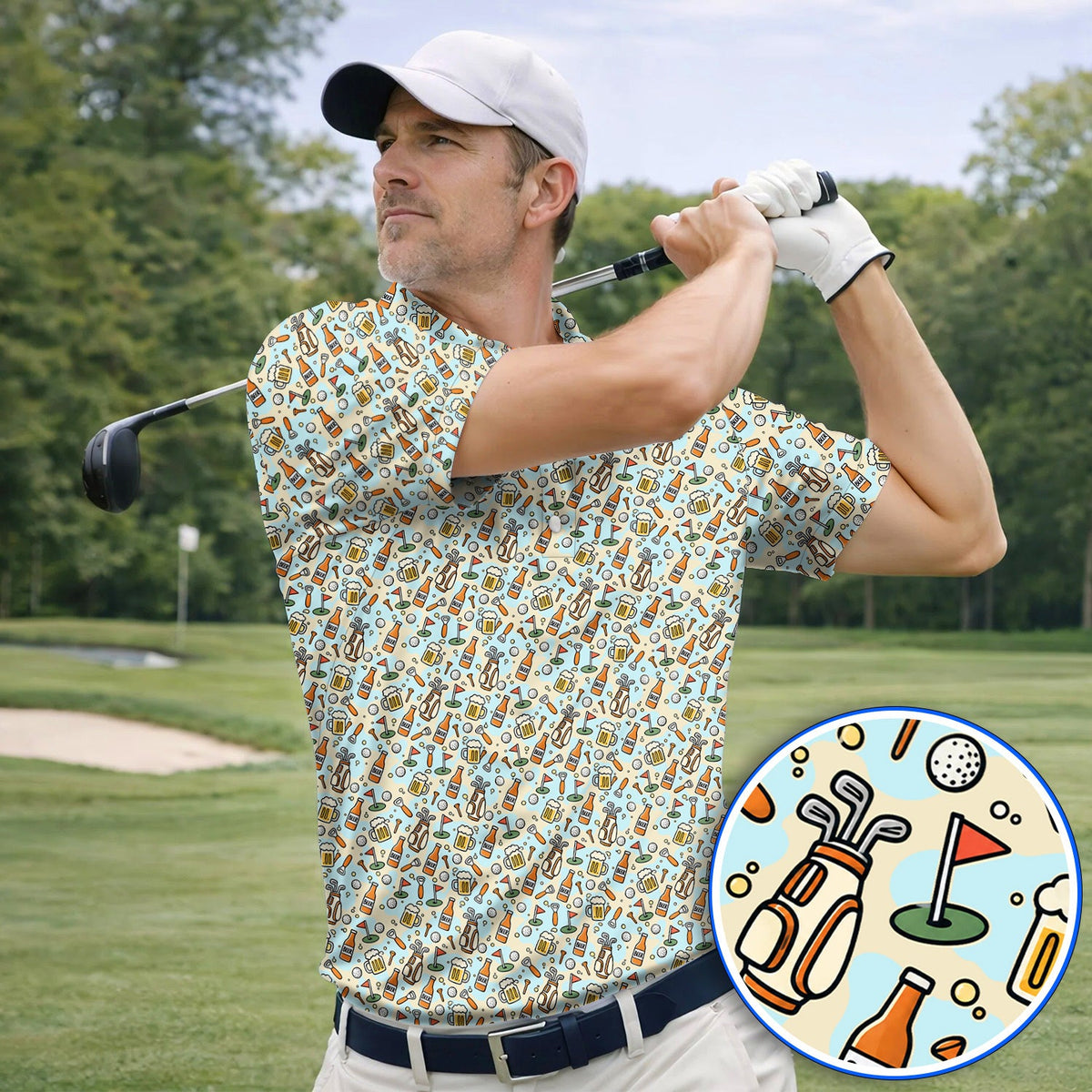 Funny Beer Pattern Golf Shirt, Retro Golf Clubs And Beer Golf Polos, Unique Golfing Gift For Golfers