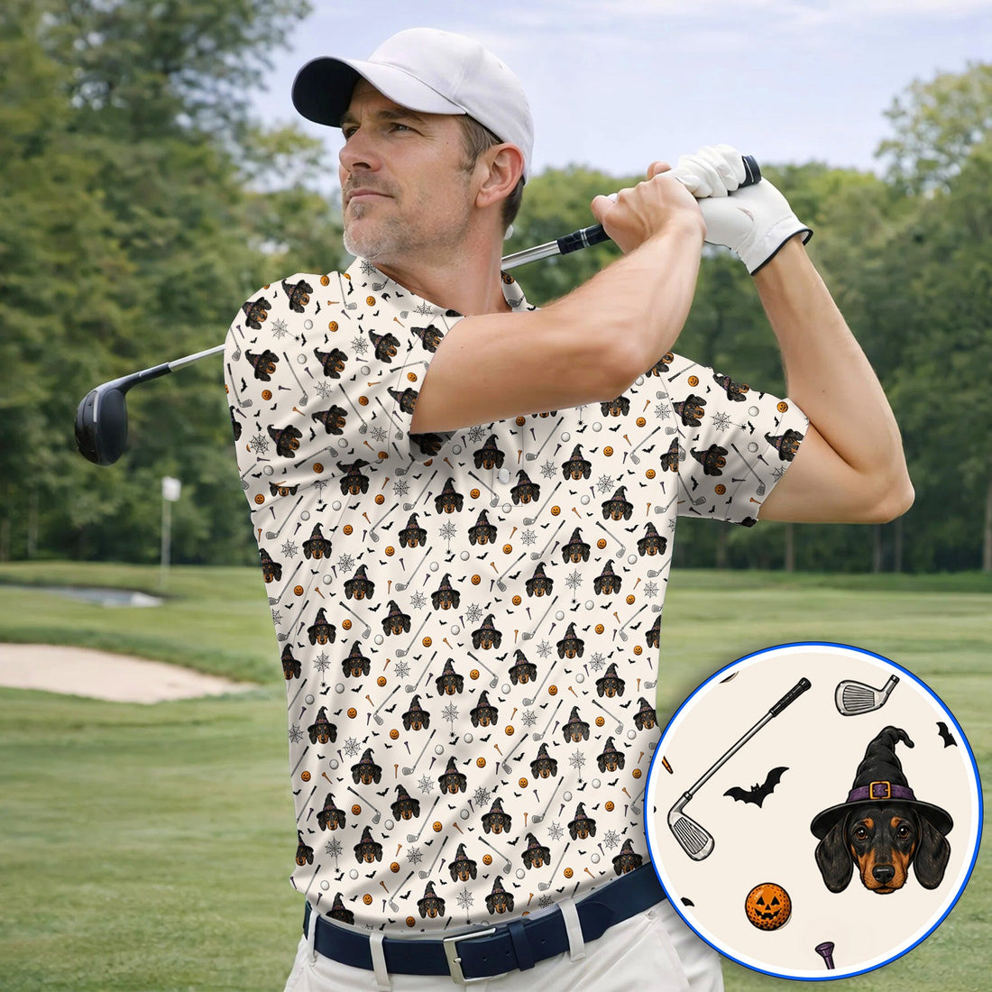 Witch Dachshund Golf Polos, Halloween Wiener Dog Pattern Golf Shirt, Golf Gift for Golfer