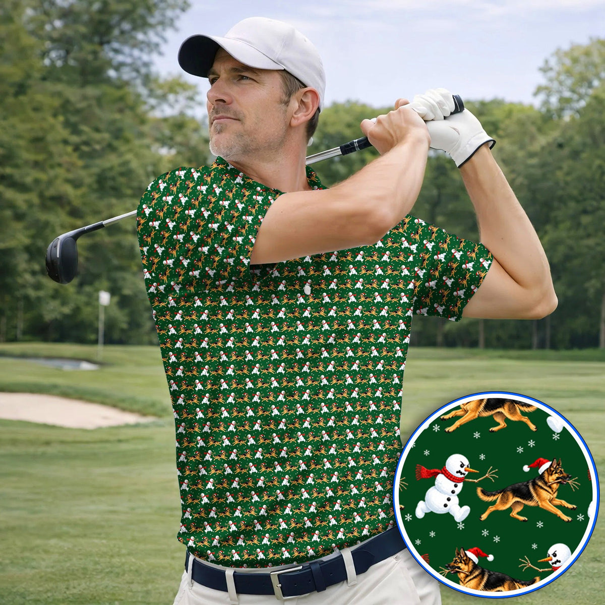 German Shepherd Christmas Golf Polos, Funny Snowman & Santa Dog Pattern Golf Shirt, Xmas Golf Gift For Golfers