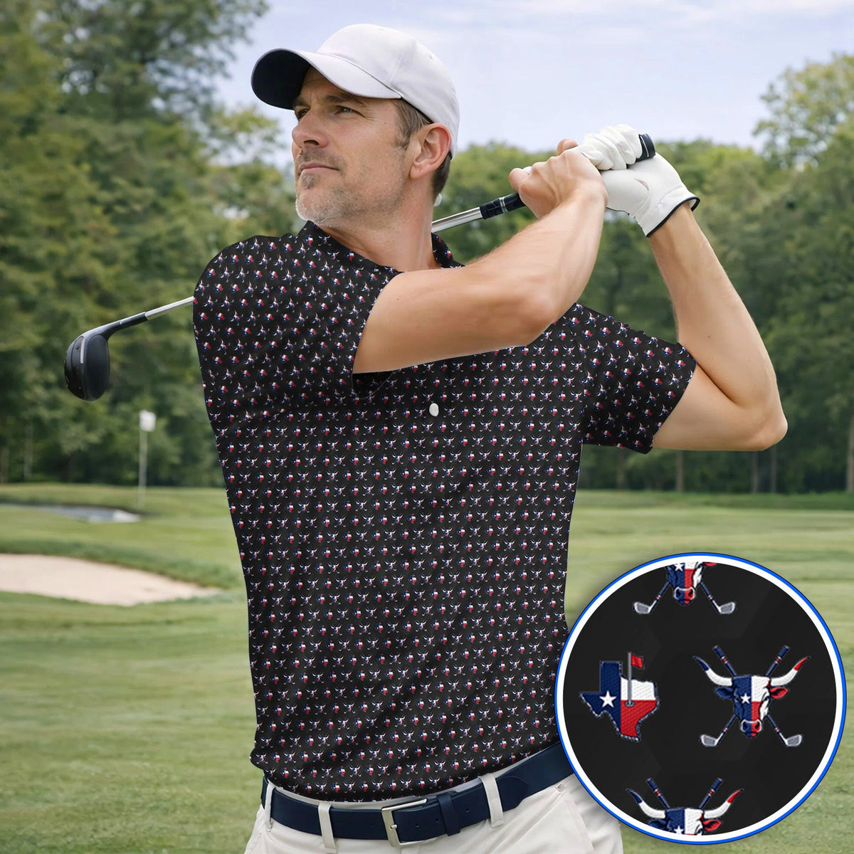 Texas Longhorn Golf Polos, Texas Flag Golf Pattern Shirt, Western Longhorn Golf Gift For Golfer