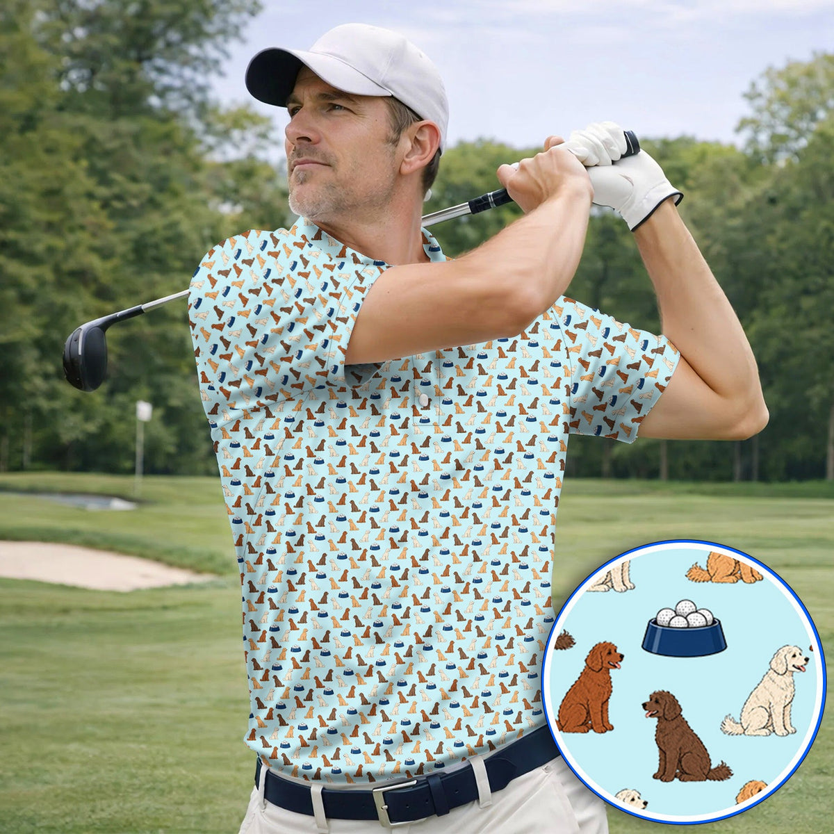Funny Goldendoodle Pattern Golf Polos, Doodle Dog & Golf Ball Shirt, Golf Gift for Golfers