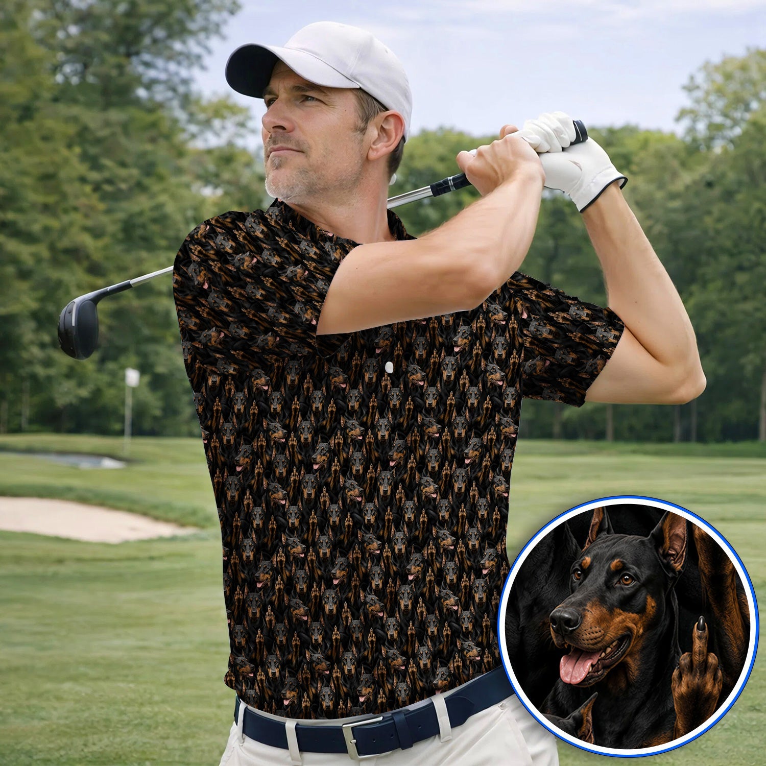 Doberman Golf Polos, Funny Doberman Pattern Golf Shirt, Golf Gift For Golfer