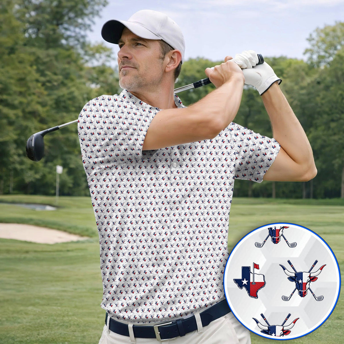 Texas Longhorn Golf Polos, Texas Flag Golf Pattern Shirt, Western Longhorn Golf Gift For Golfer