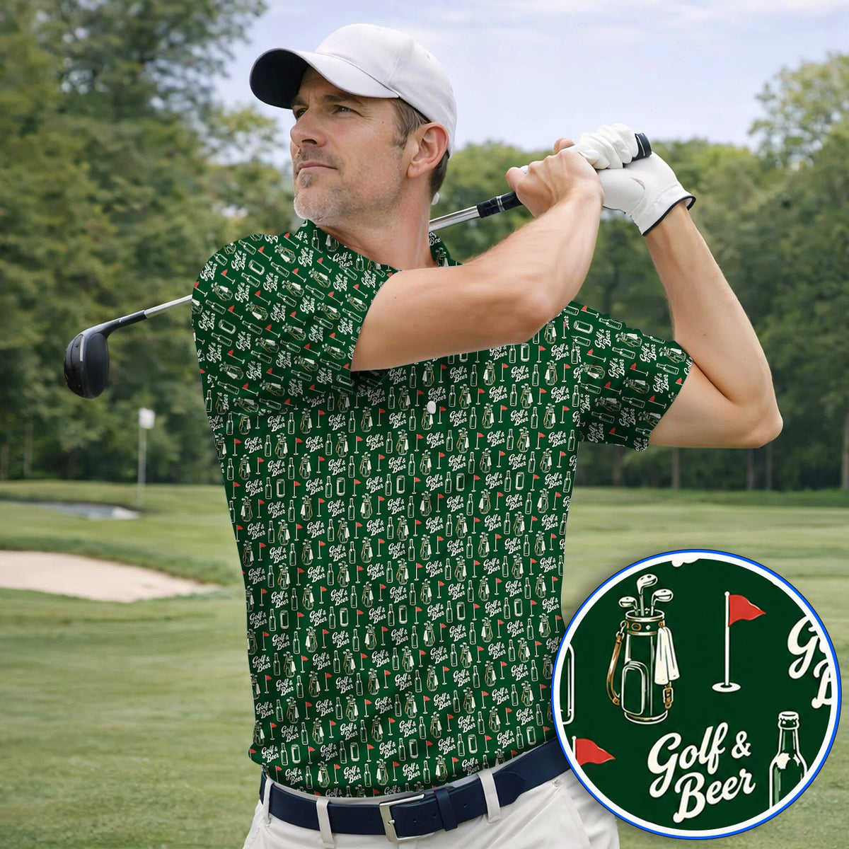 Crazy Golf & Beer Shirt, Golf Bag And Beer Bottle Pattern Golf Polos, Golf Gift for Beer Lovers