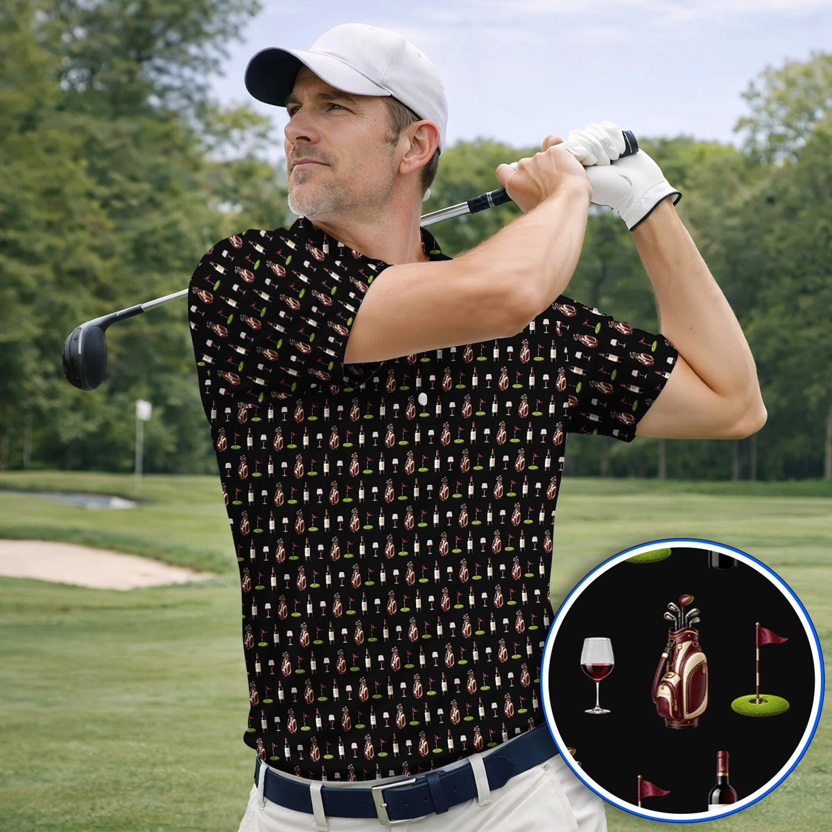 Wine & Golf Polos, Vintage Red Wine Pattern Golf Shirt , Crazy Golf Gift For Golfers