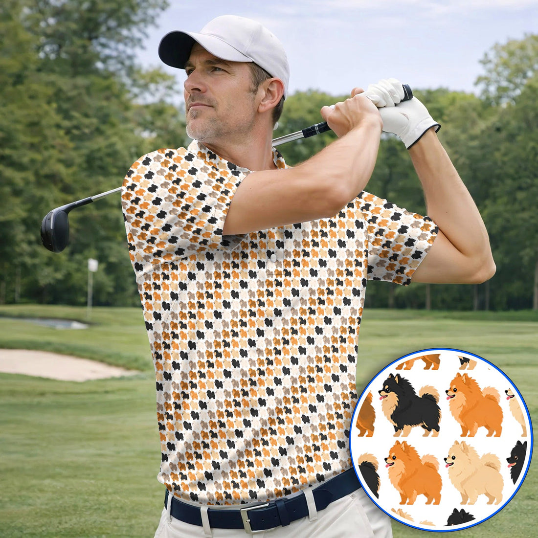 Cute Pomeranian Pattern Golf Shirt, Pomeranian Dog Golf Polos, Funny Golf Gift For Golfer