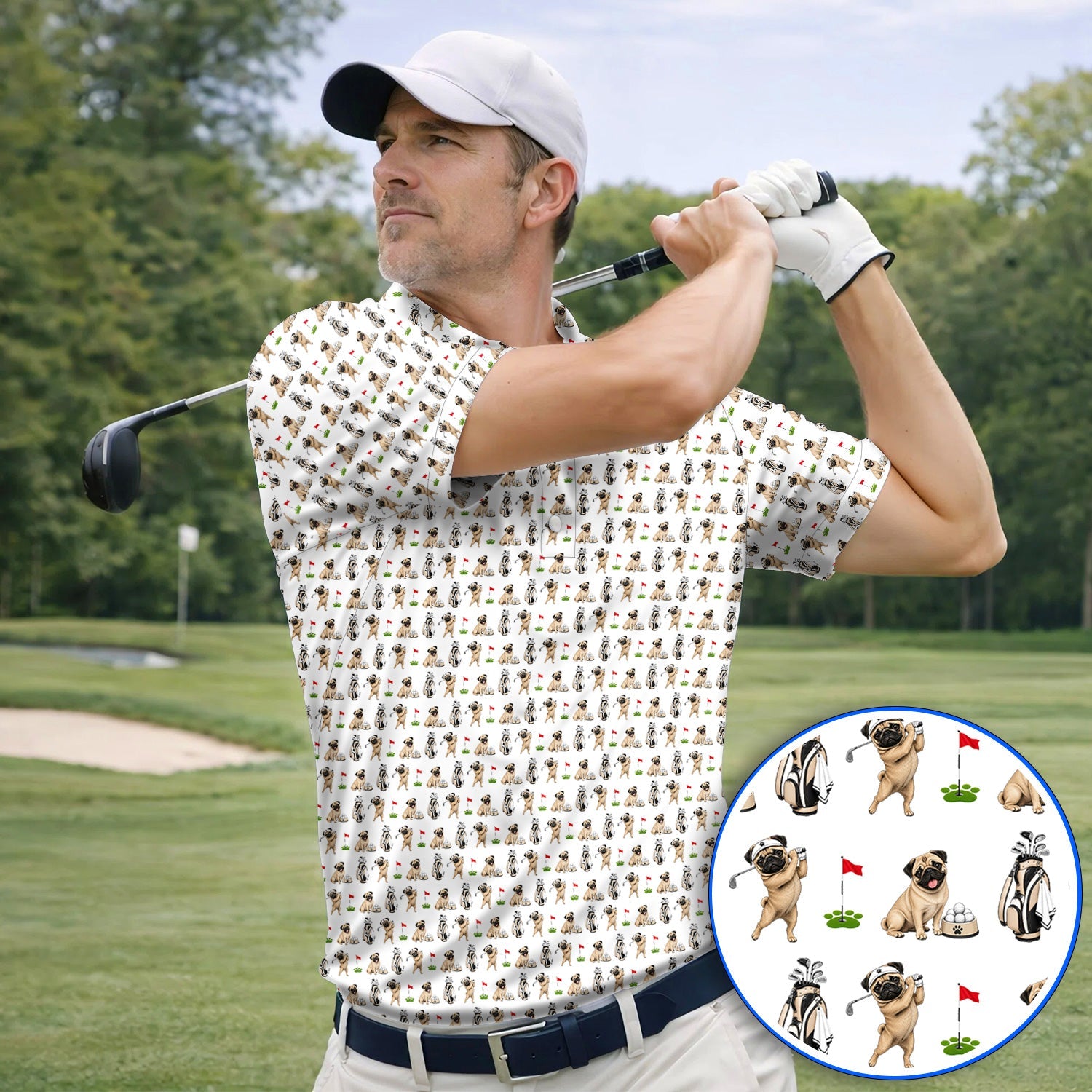 Funny Pug Golf Shirt, Pug Pattern Golf Polos, Dog Lover Golf Gift