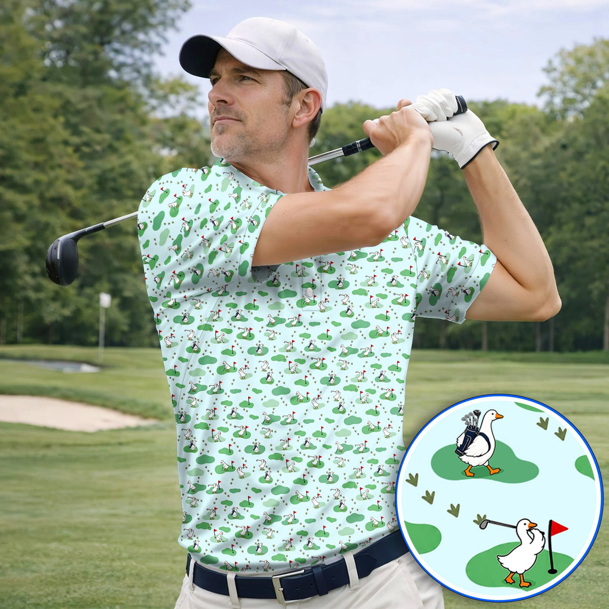 Funny Goose Golf Polos, Playful Golfing Goose Pattern Golf Shirt, Golf Gift For Golfers