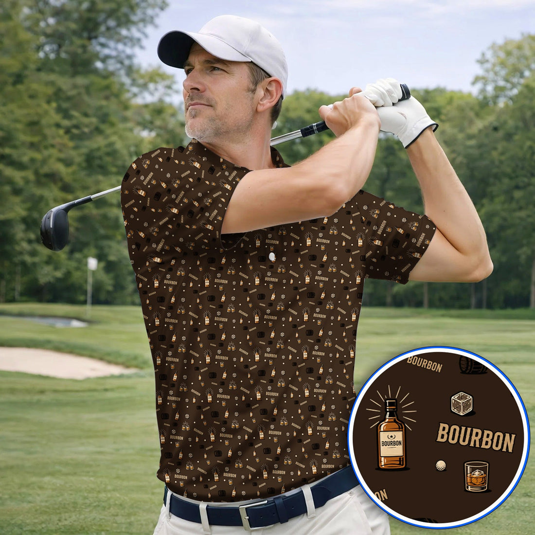 Bourbon Barrel Golf Polos, Whiskey Bottle & Rocks Pattern Shirt, Vintage Drinking Golf Shirt for Golfer